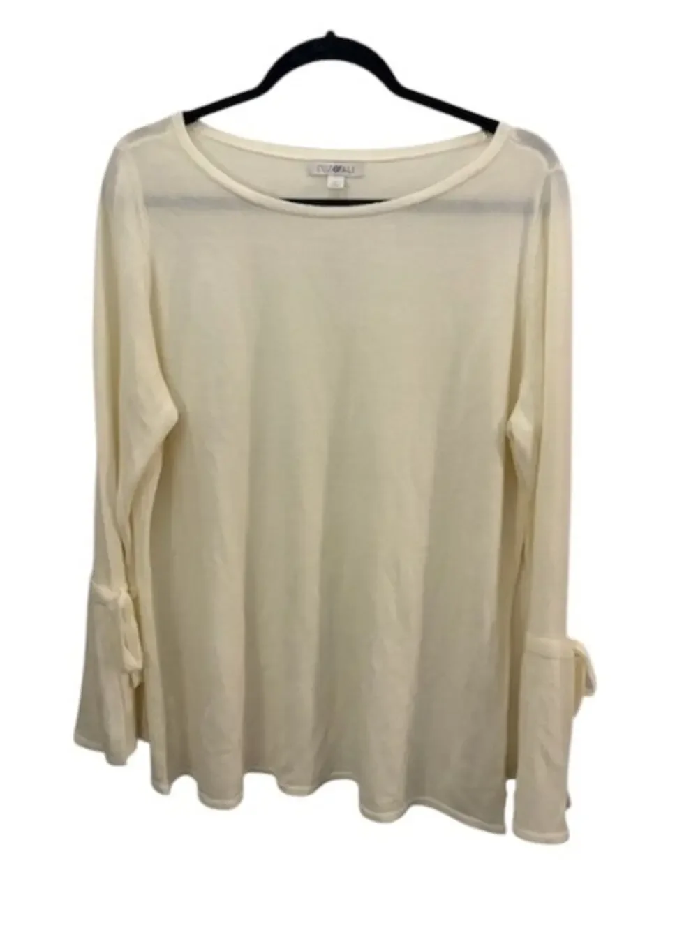 Roz & Ali Womans Cream Knit Sweater Flare Sleeves With Bow NEW 1X Minimalist